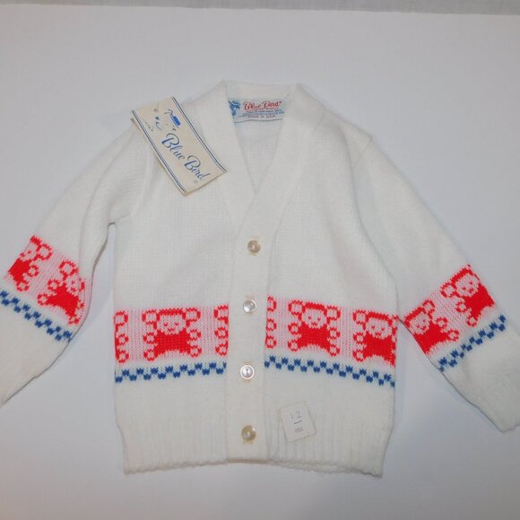 VTG Blue Bird Knitwear Baby 12M Cardigan Sweater White Red Bear Monkey with Tag - Picture 6 of 8